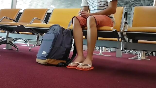 Gay Xnxx - Boy put on flip flops and anklet in airport amateur
